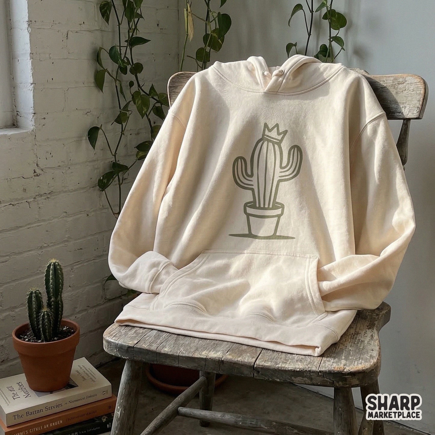 Empowering cactus digital download with a crown and vintage typography, designed for t-shirt printing, tote bags, or motivational home decor projects.