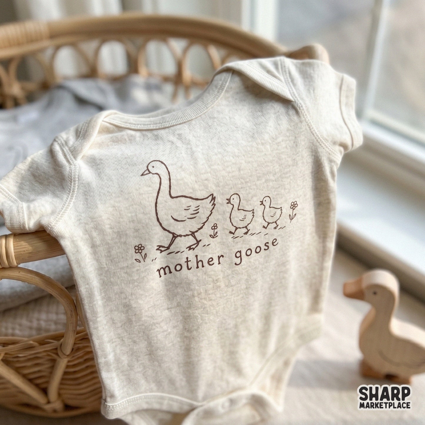 Retro cottage style farm animal design with a mother goose and two small birds, designed for DIY nursery projects, stickers, and custom t-shirts.