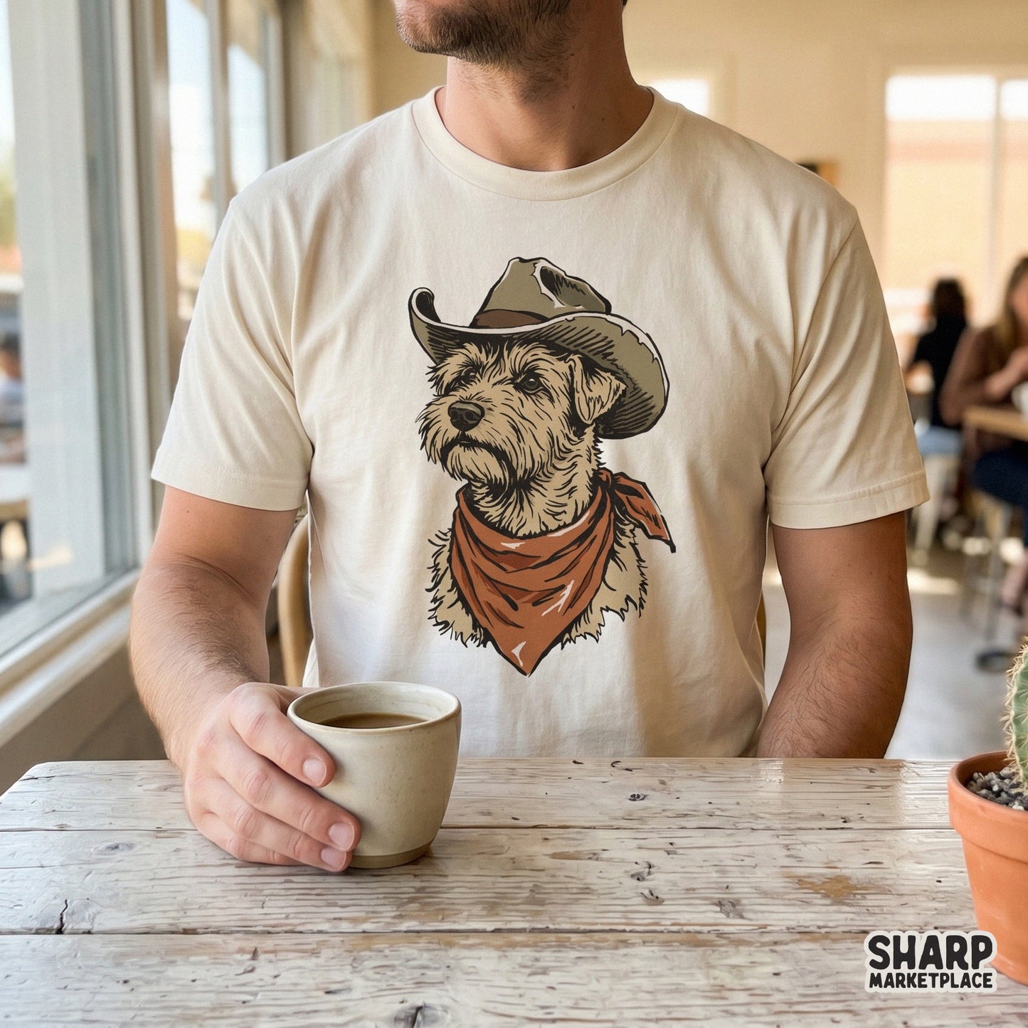 Detailed western dog portrait with a weathered hat and bandana, suitable for trendy dog mom shirts, country-themed prints, and sublimation transfers.