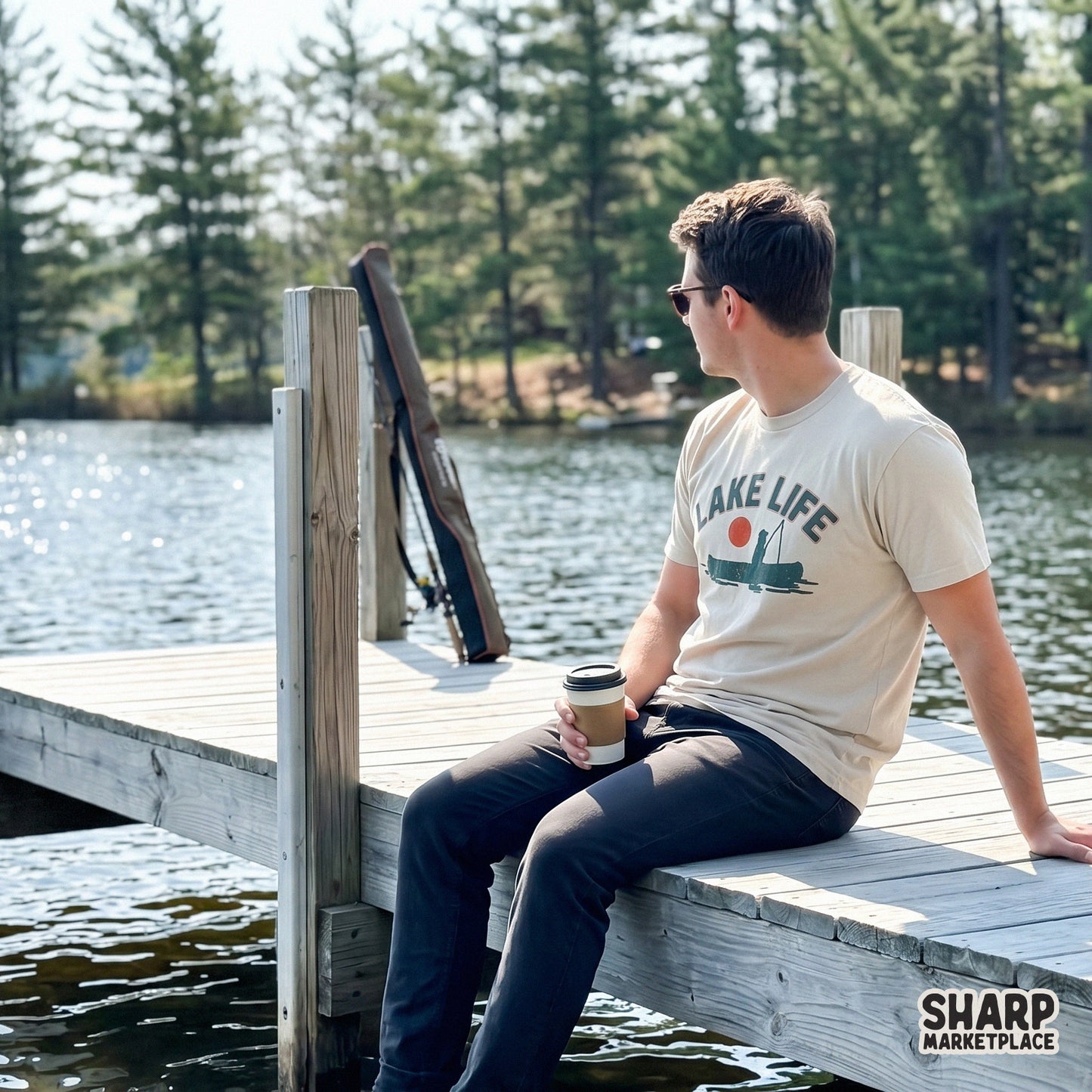 Lake Life digital download graphic featuring a serene fishing silhouette and sunset, suitable for print-on-demand shirts, posters, and wall art.