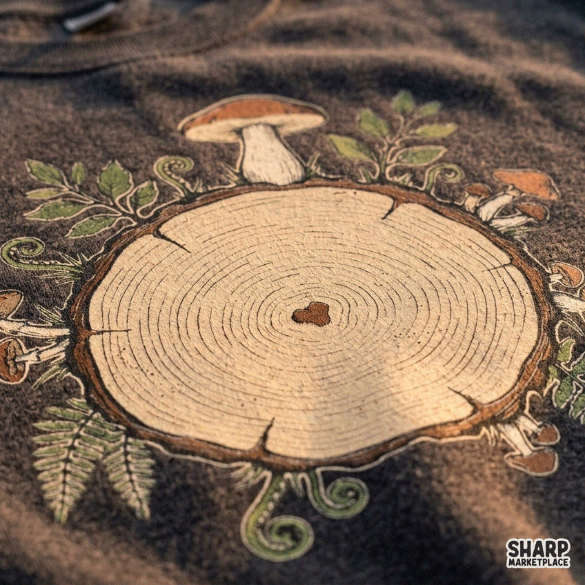 Heart shaped tree rings with woodland mushrooms and ferns digital PNG graphic for cottagecore autumn apparel and decor