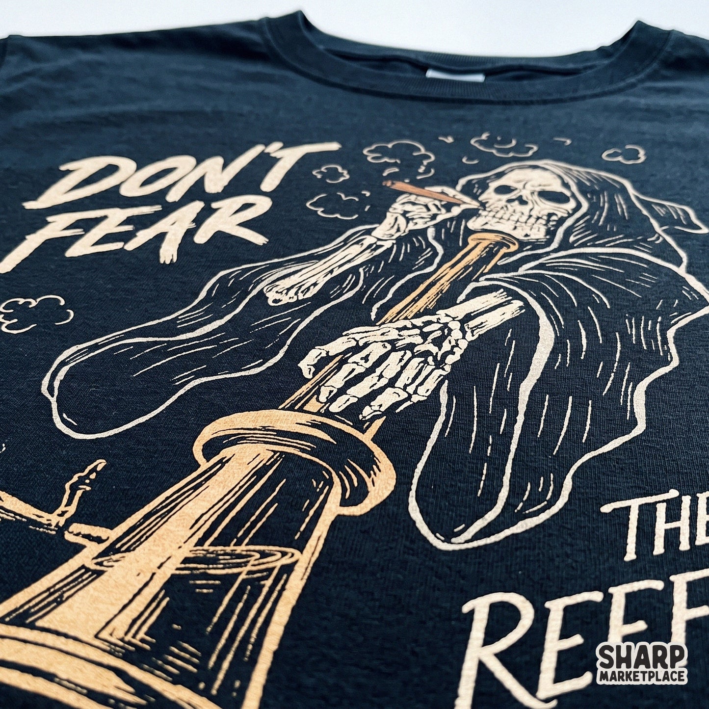 Grim reaper skeleton smoking a bong with funny Don't Fear The Reefer text, retro 420 weed humor PNG for Halloween shirts