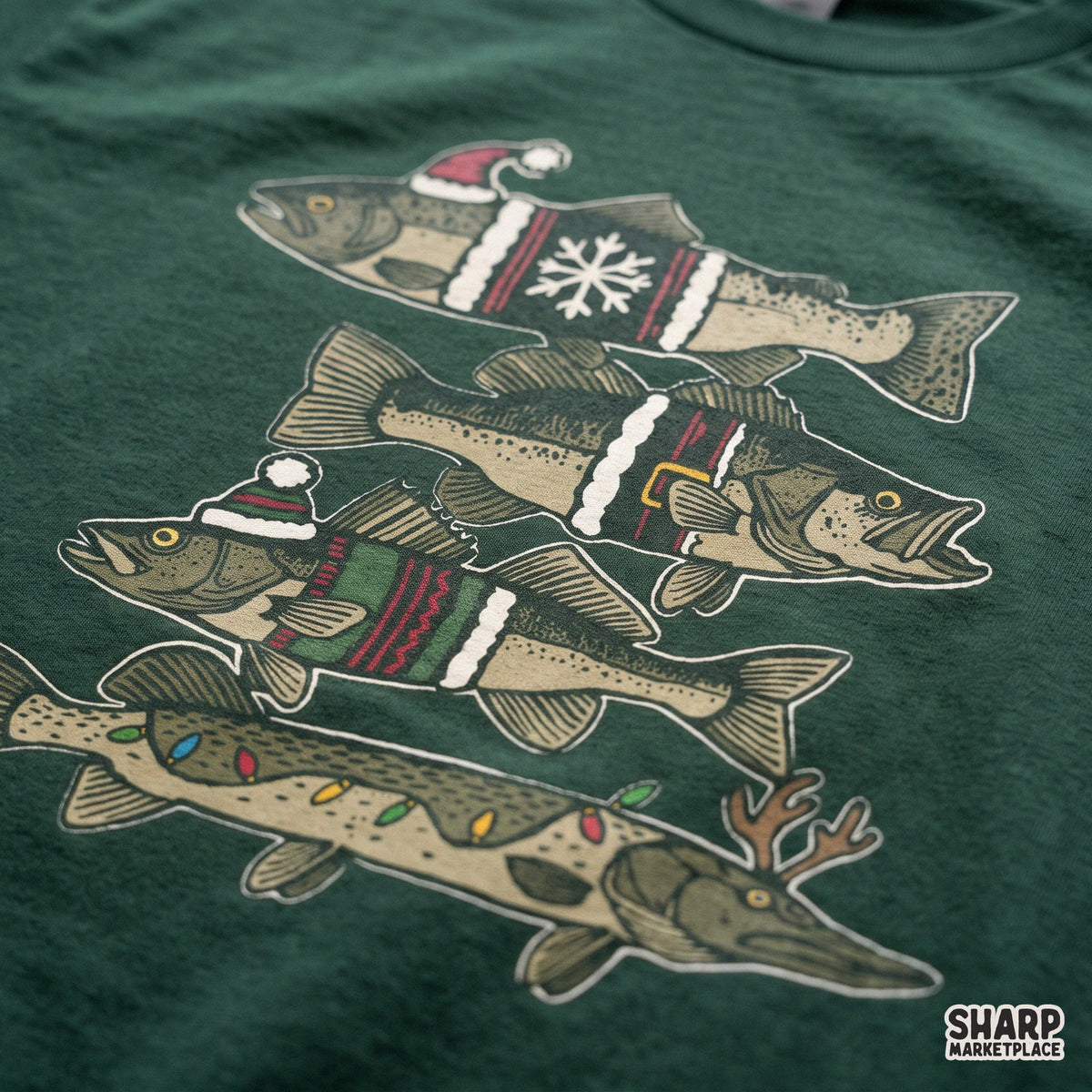 Vintage ugly sweater holiday fish Christmas PNG design for winter angler apparel and sublimation tees