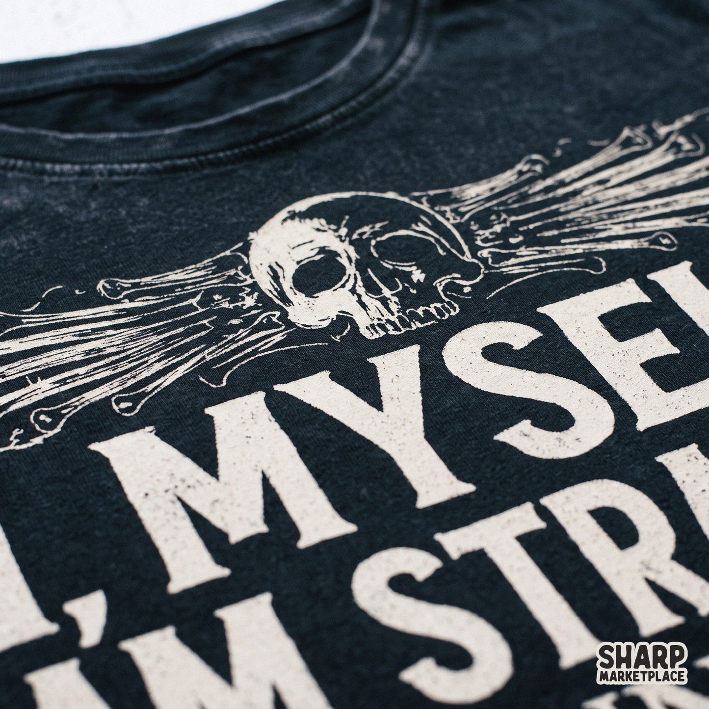 Strange and unusual skull and bones graphic with a gothic horror movie quote for spooky season t-shirts and sublimation