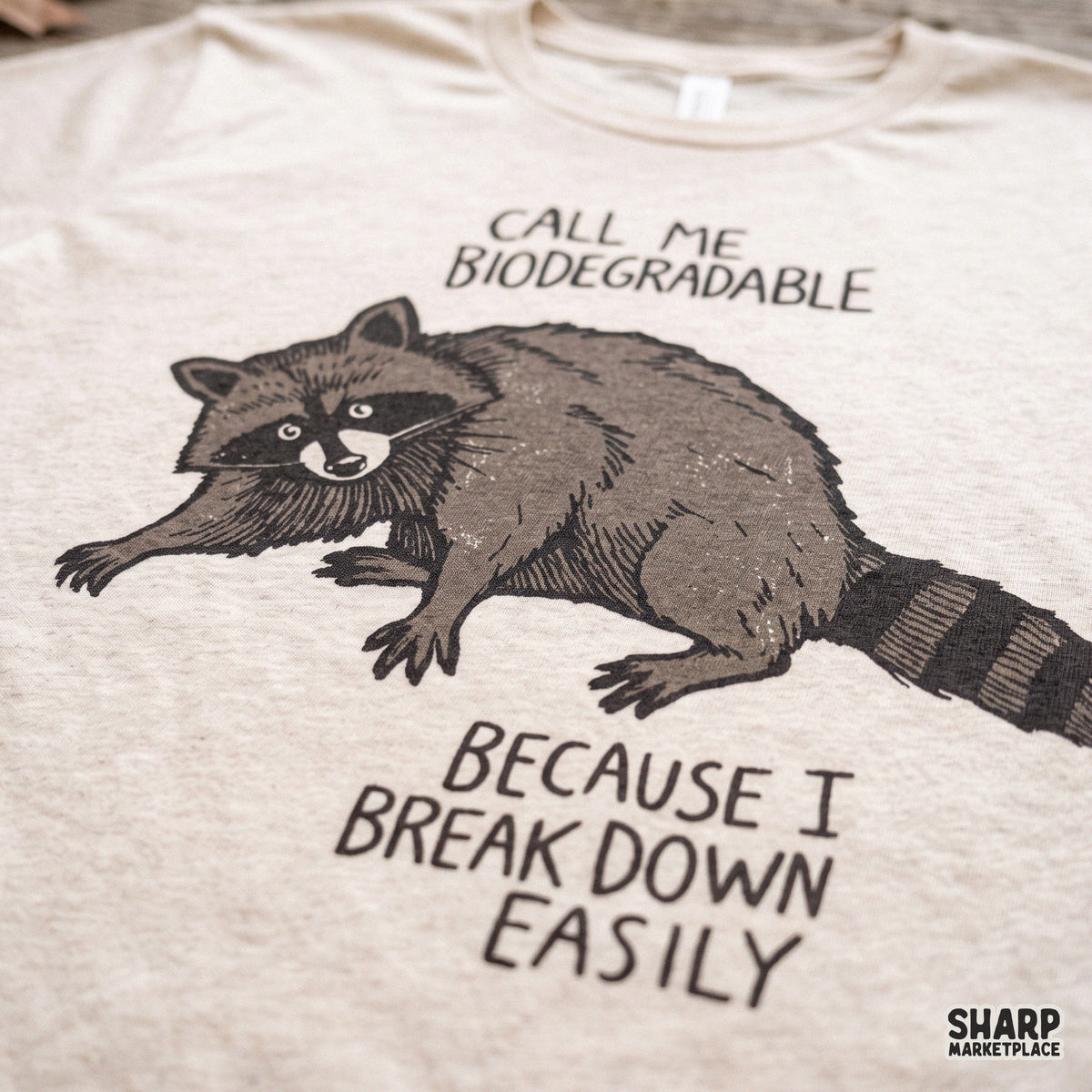 Funny raccoon digital PNG graphic with sarcastic quote reading Call Me Biodegradable for t-shirt sublimation