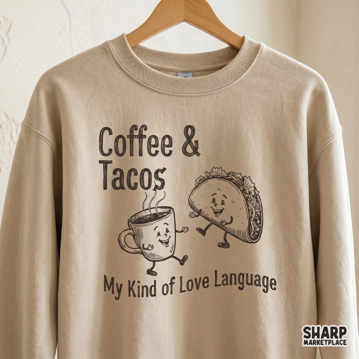 Digital download graphic showing a cheerful coffee mug and taco character for DIY crafts like custom tumblers stickers or Valentine themed gifts.