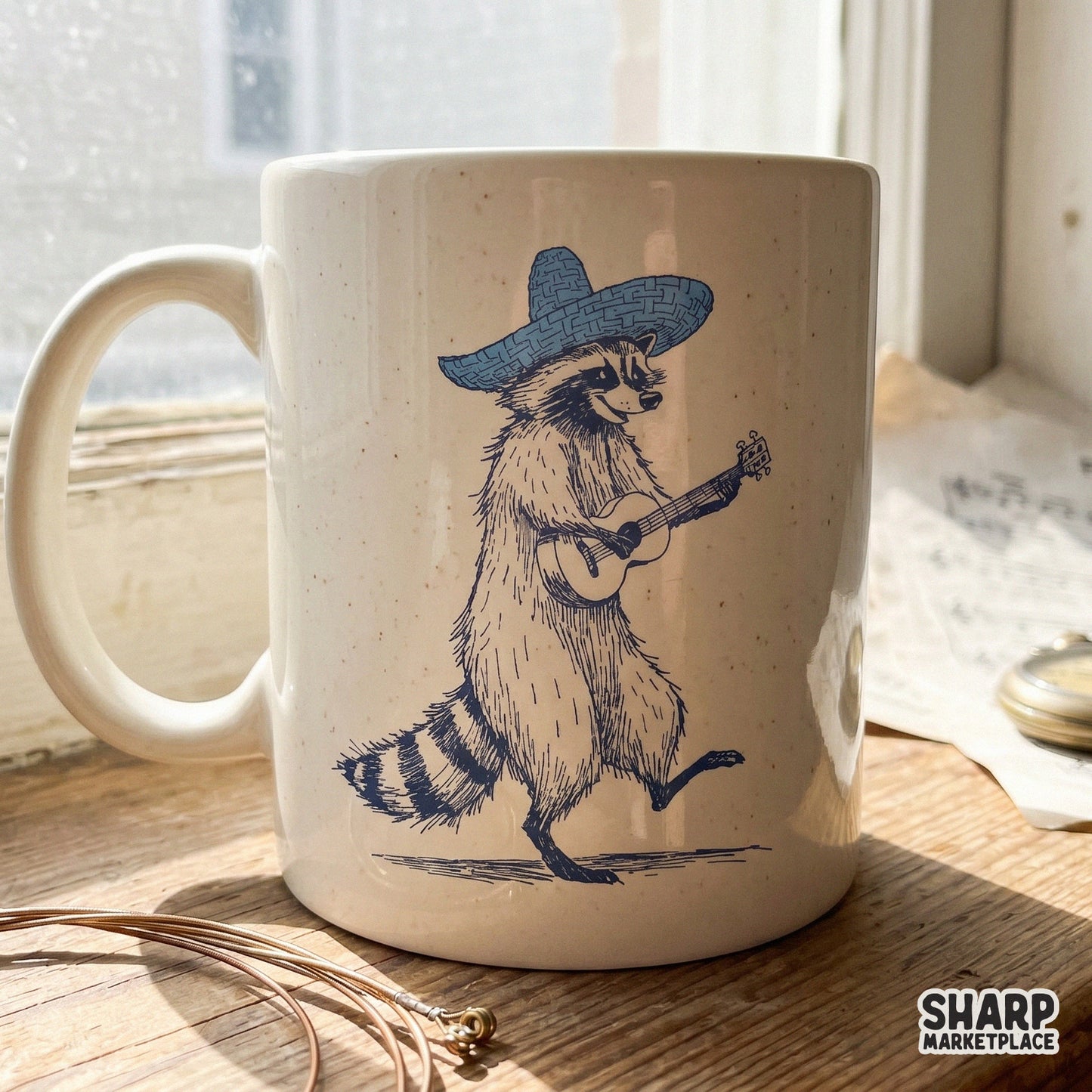 Quirky navy blue ink sketch of a raccoon musician with a sombrero and ukulele, designed for high-quality DTF printing and creative DIY apparel projects.