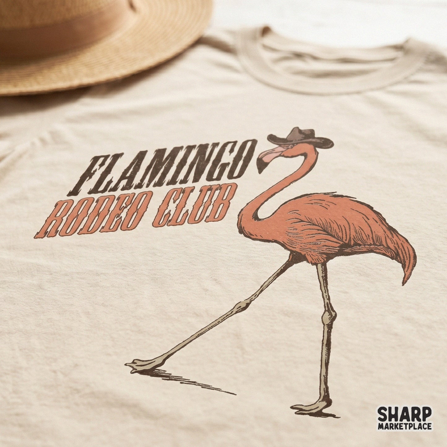 Retro flamingo rodeo club graphic with a western cowgirl aesthetic for trendy sublimation shirt designs and stickers