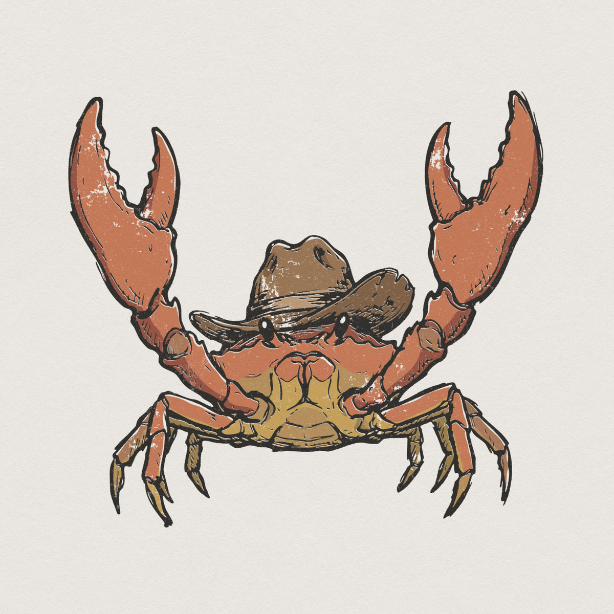 Vibrant orange crab wearing a weathered brown cowboy hat, featuring a distressed vintage texture for western-themed t-shirt and sublimation projects.