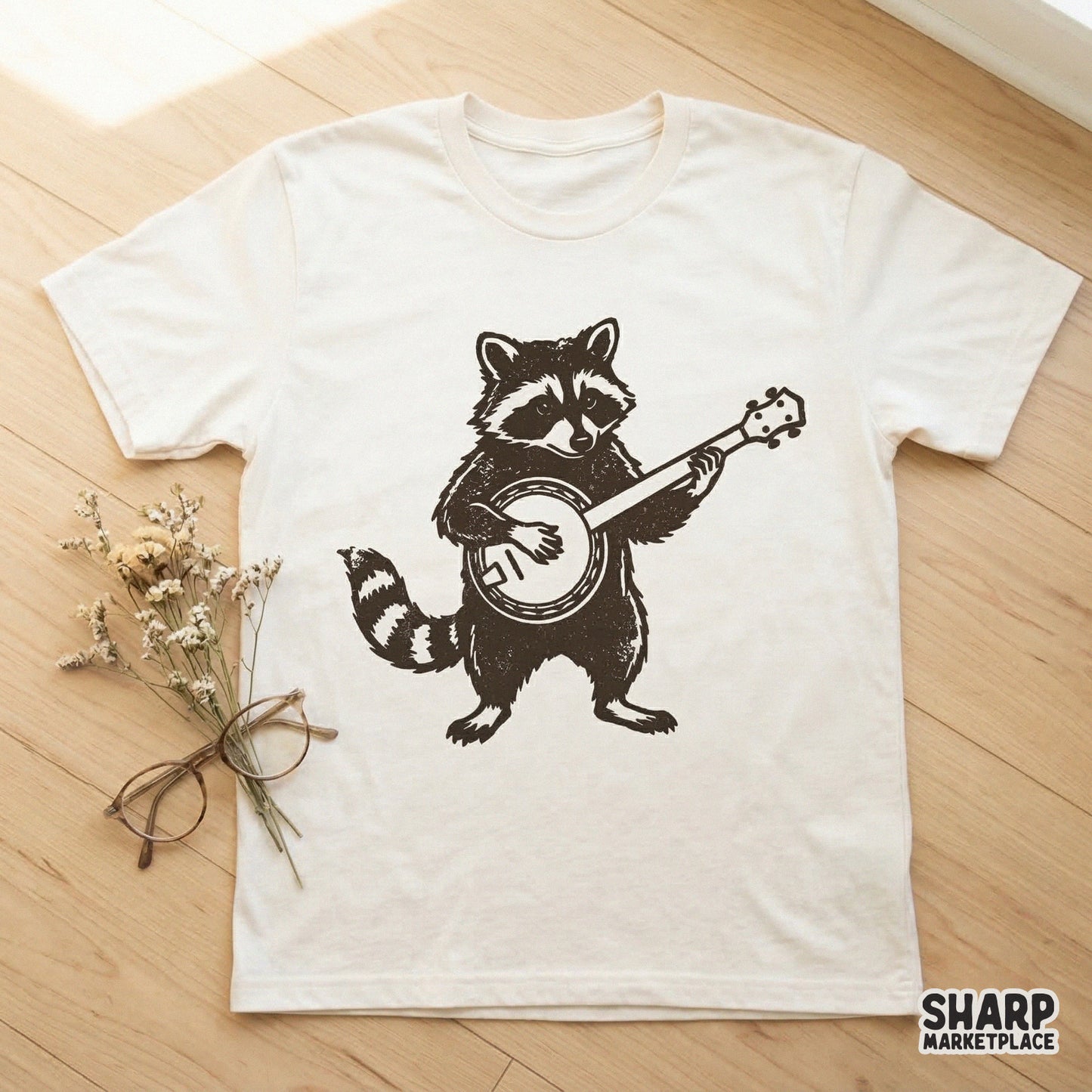 Whimsical woodland raccoon playing a banjo digital design with a distressed texture, ideal for sublimation, custom t-shirts, and music-themed crafts.