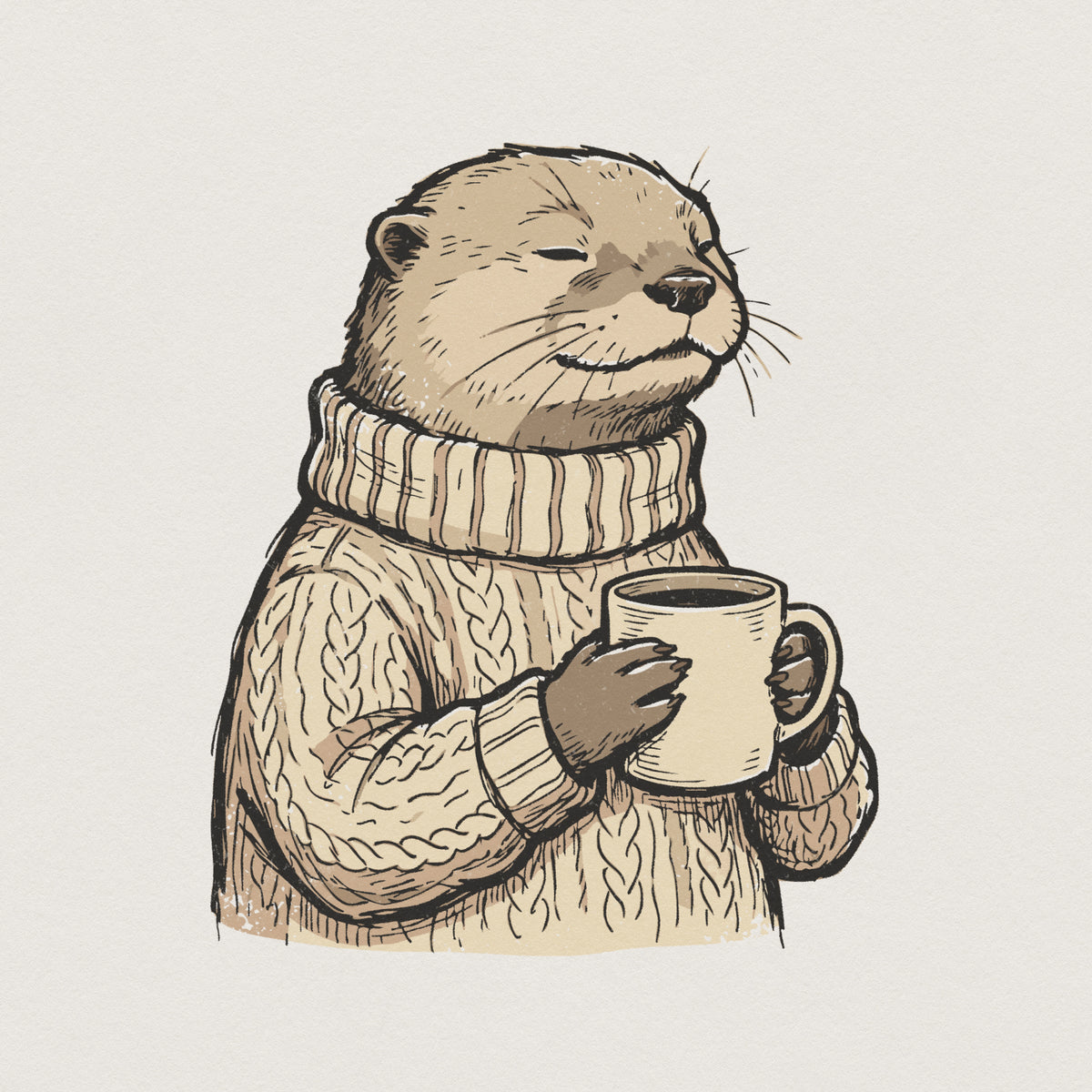 Hand-drawn cozy otter illustration wearing a cream cable-knit sweater and holding a coffee mug, perfect for sublimation, apparel, and stickers.
