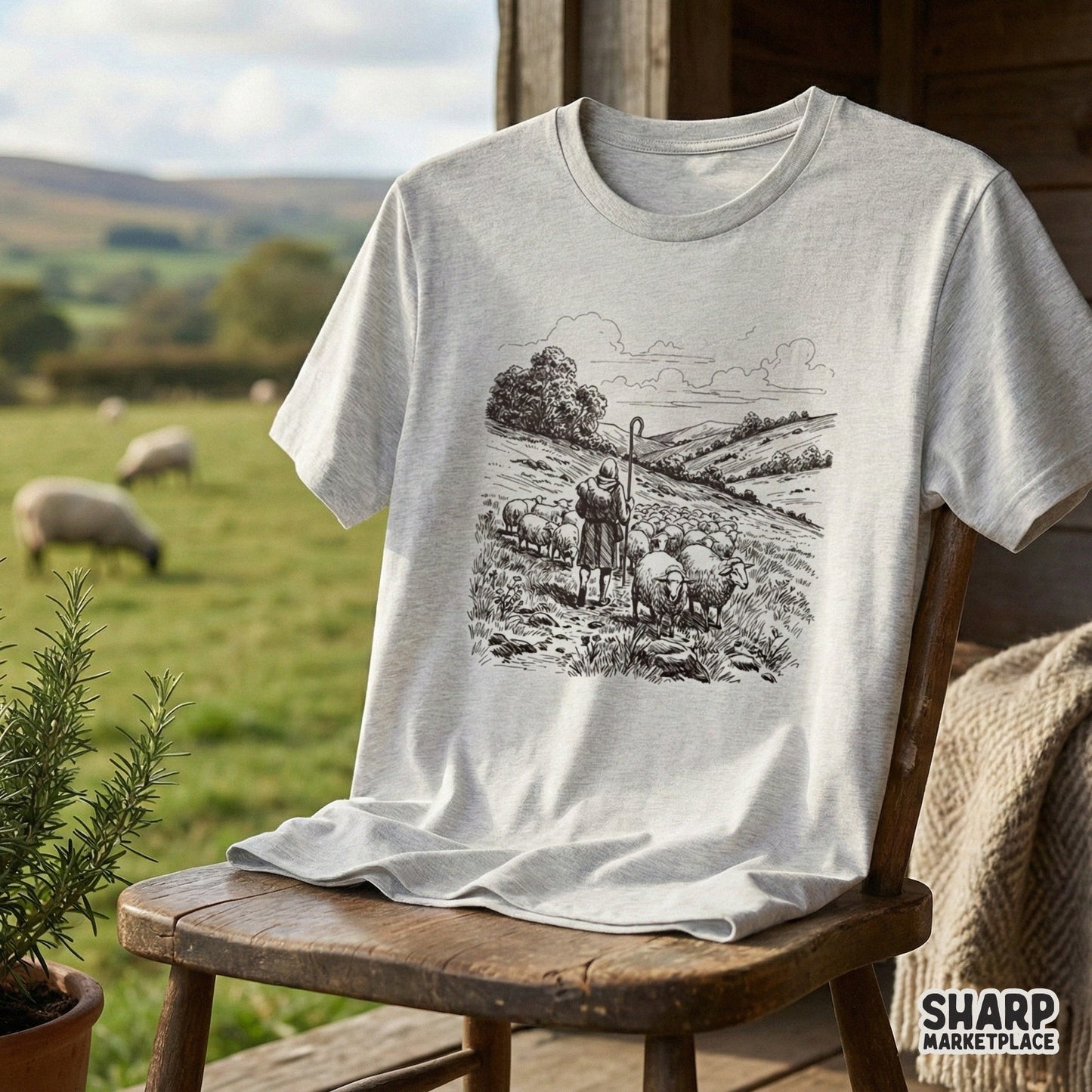Classic rural scene with a shepherd and flock of sheep, high-resolution vintage sketch ideal for farmhouse-themed shirts and home decor projects.