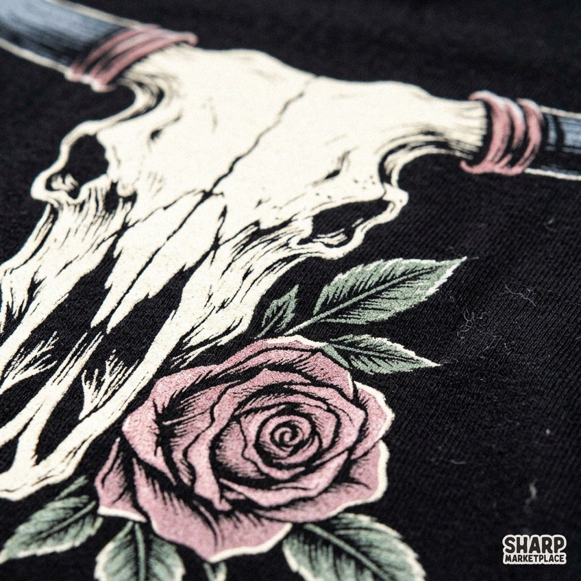 Vintage cowgirl bull skull with pink rose flowers design perfect for country music sublimation t-shirts
