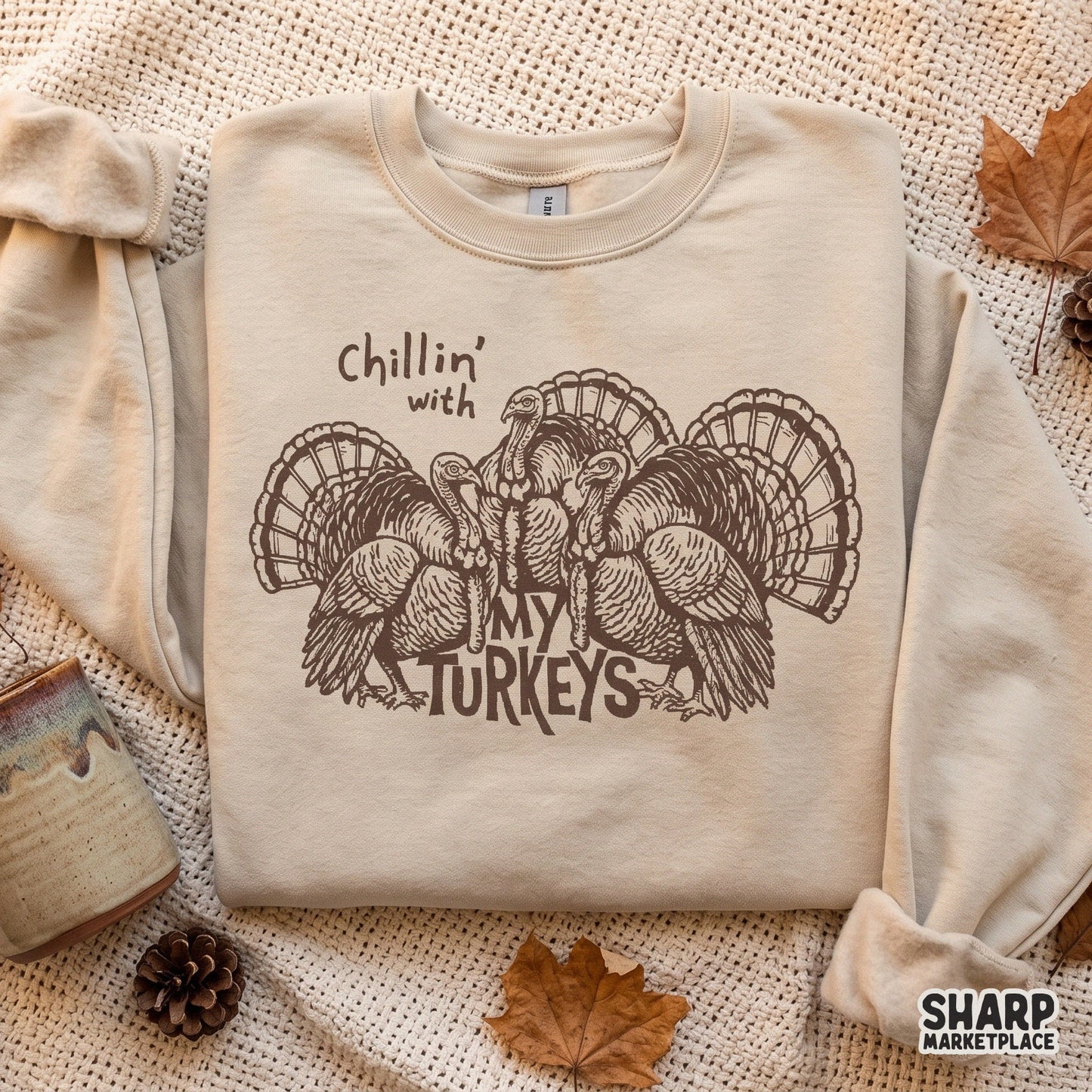 Retro retro Chillin' With My Turkeys graphic for funny Thanksgiving group shirts and autumn digital DIY sublimation projects