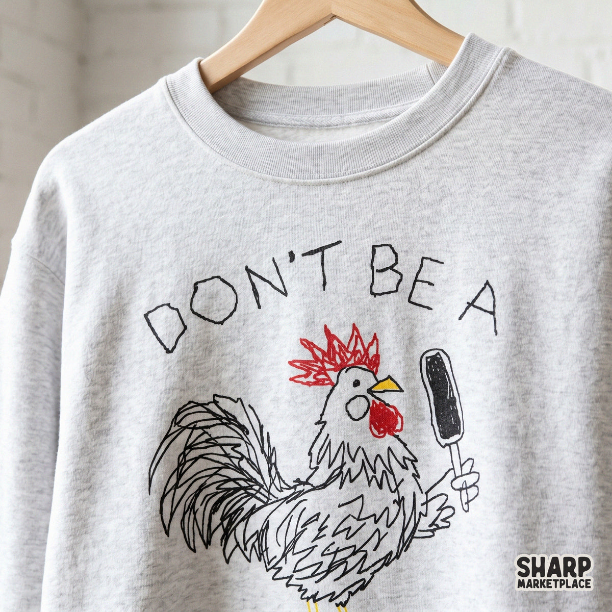Whimsical chicken illustration in a messy sketch style, suitable for print-on-demand products, stickers, and sarcastic farmhouse wall art.