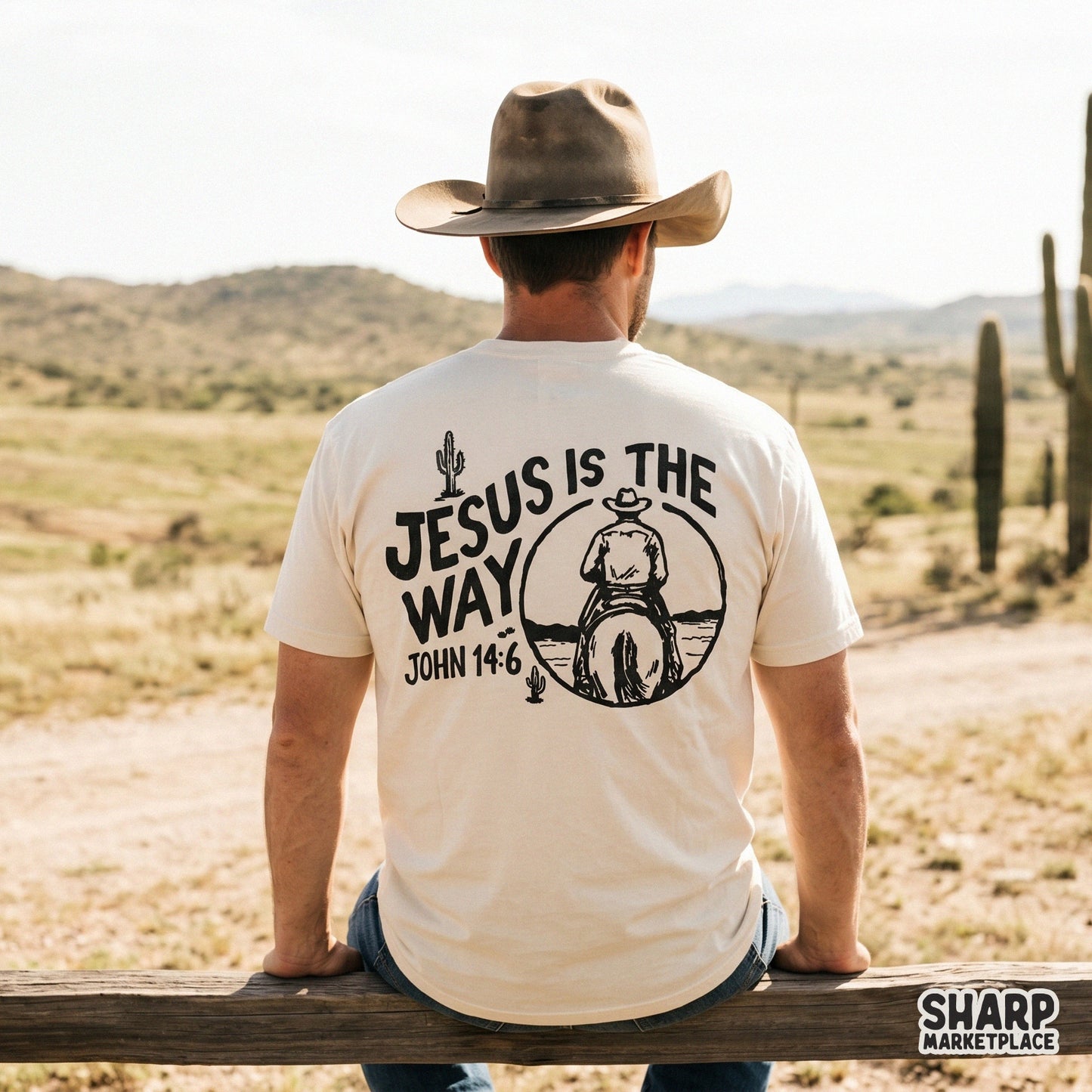 Rugged desert-themed Bible verse design featuring a cowboy silhouette and the quote Jesus Is The Way for DIY sublimation projects.