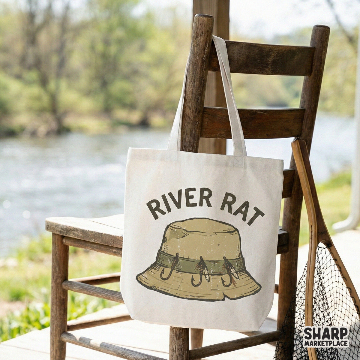 Retro fishing themed digital download with a detailed bucket hat illustration and River Rat lettering, ideal for printing on shirts or tumblers.