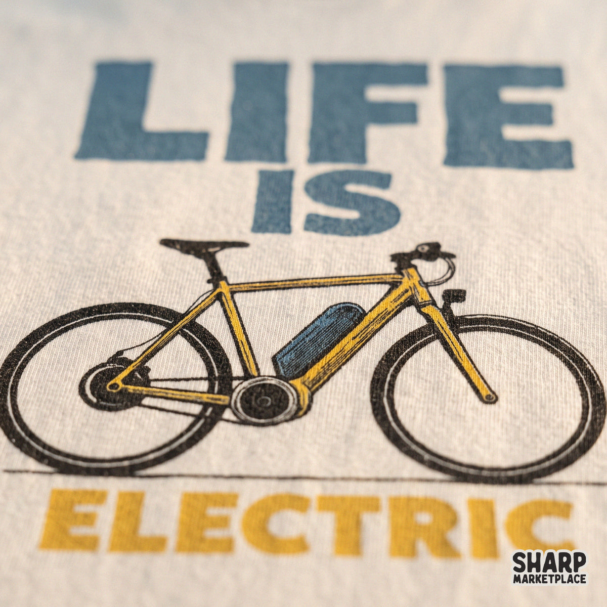 Retro yellow electric bike graphic with Life Is Electric phrase for cycling lover t-shirts