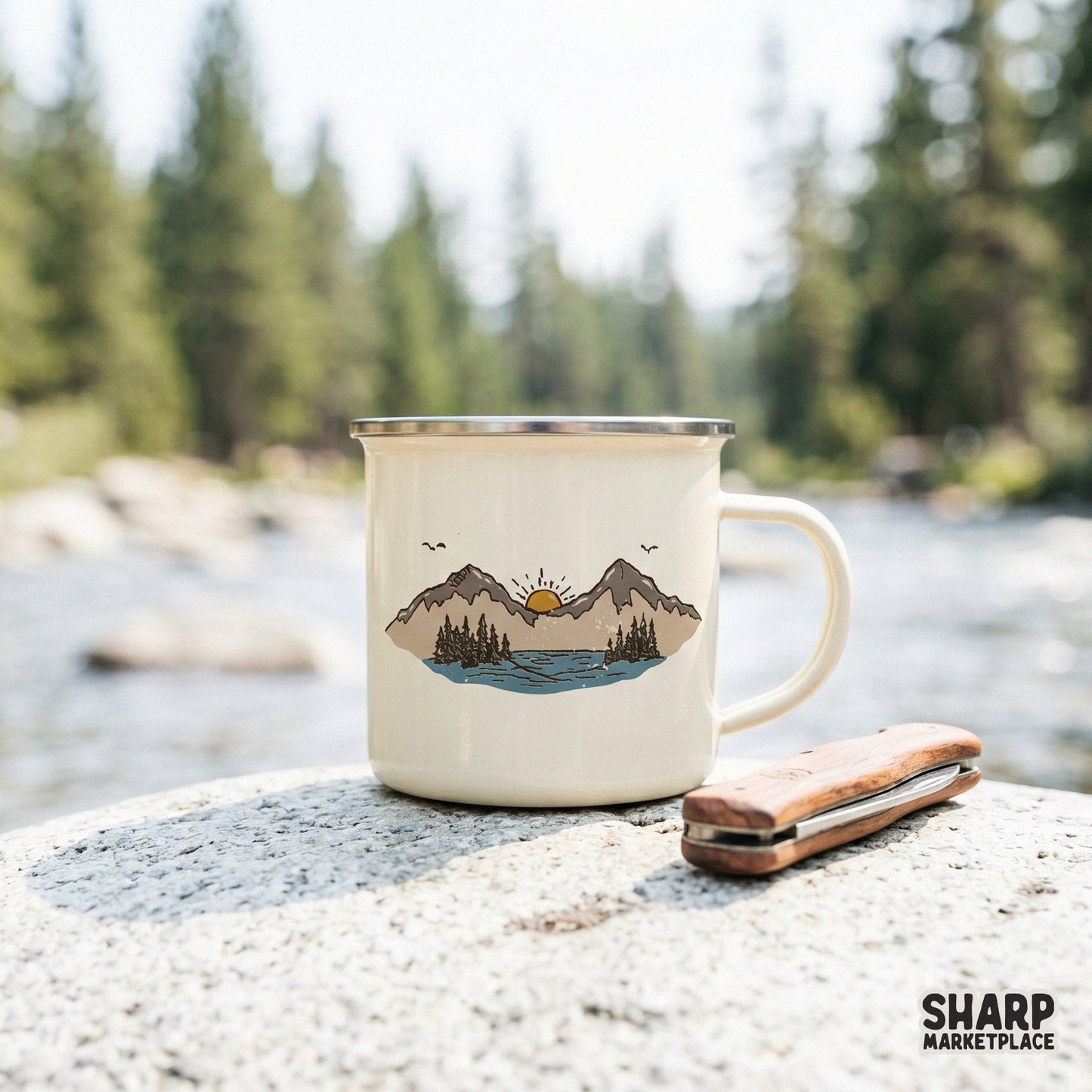 Hand-drawn mountain lake landscape with a golden sun and pine forest shore, ideal for retro camping sublimation transfers and nature-inspired stickers.
