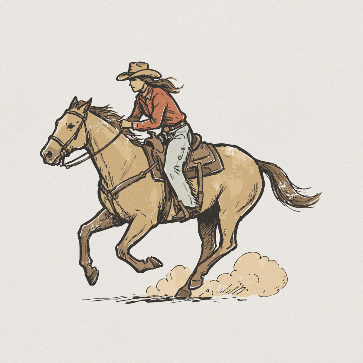Vintage style cowgirl riding a galloping horse in a red shirt and western hat, featuring a distressed sketch texture for western apparel sublimation.