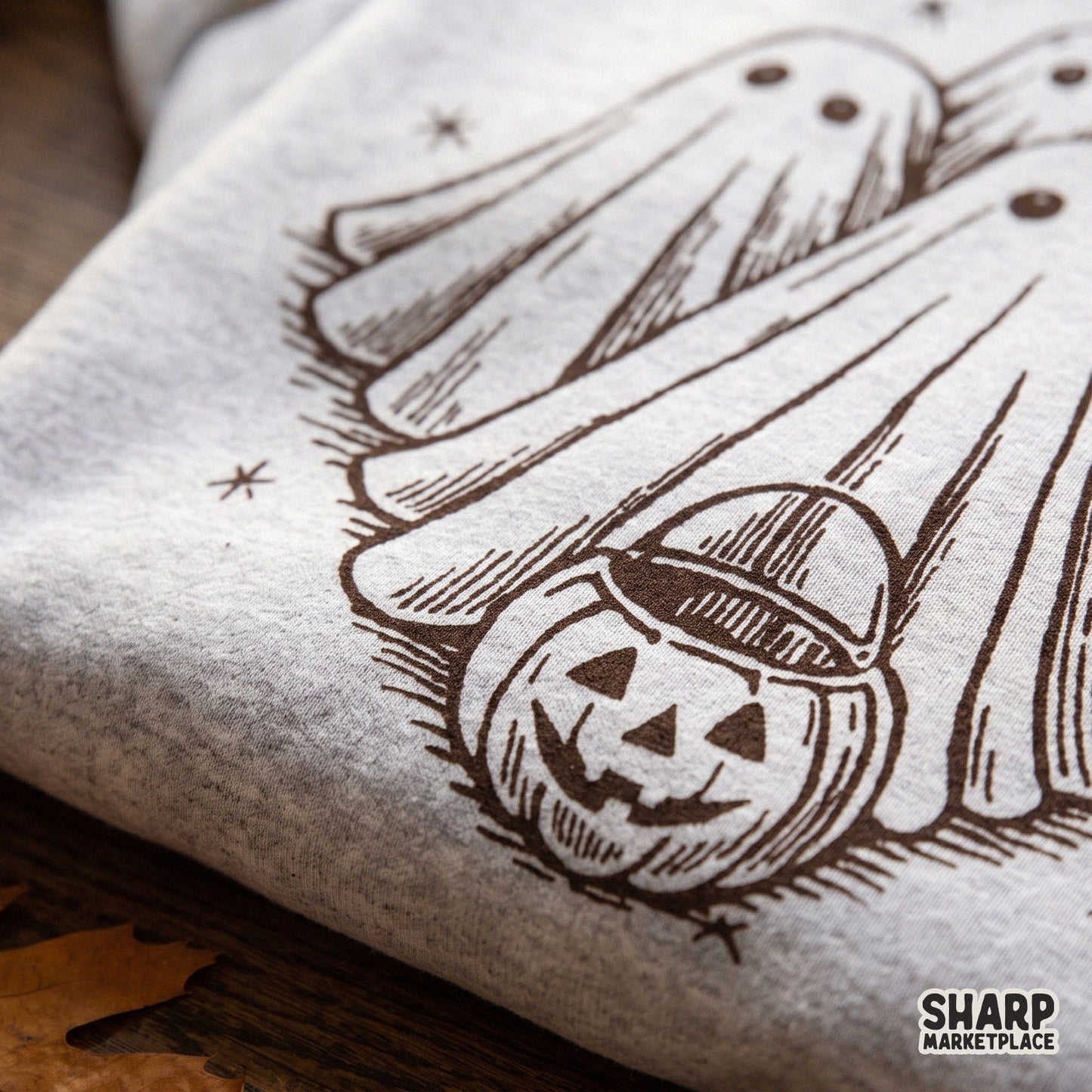 Retro drawing of cute sheet ghosts and jack o lanterns for spooky season sublimation and Halloween apparel designs