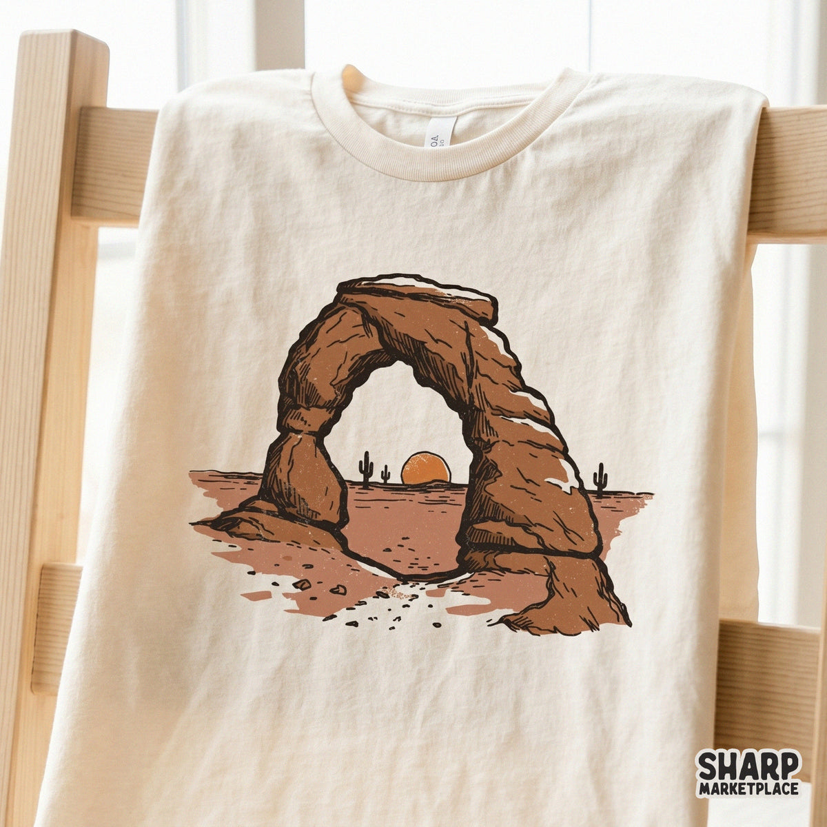 Rustic desert scene with a stone arch and cacti, presented as a high-resolution transparent PNG for print-on-demand shirts and creative DIY crafts.