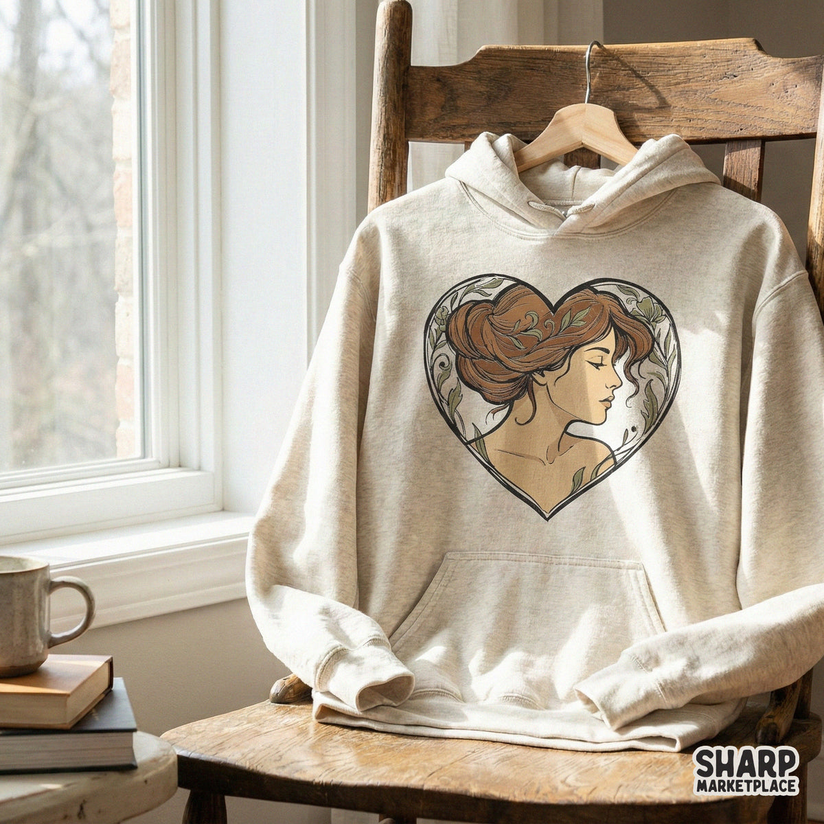 Romantic Art Nouveau lady portrait in a heart frame, perfect for custom stickers, wall art, and feminine apparel sublimation designs.