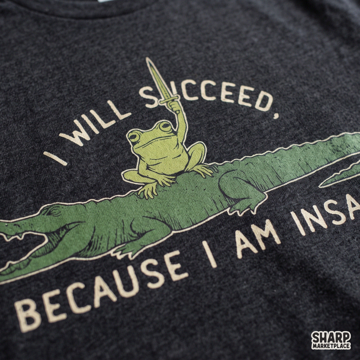 Sarcastic dark frog with quote I Will Succeed Because I Am Insane, funny retro PNG graphic for t-shirt sublimation
