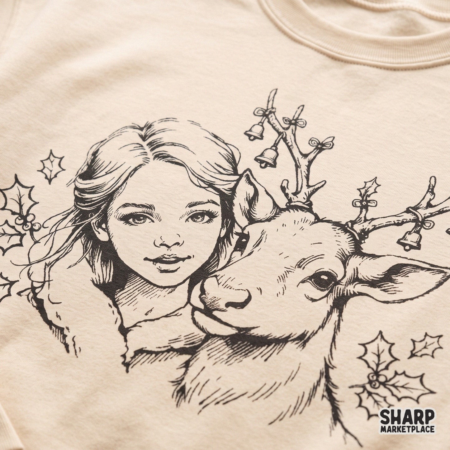 Vintage girl and reindeer Christmas PNG with a retro coquette aesthetic for cozy season winter sublimation designs