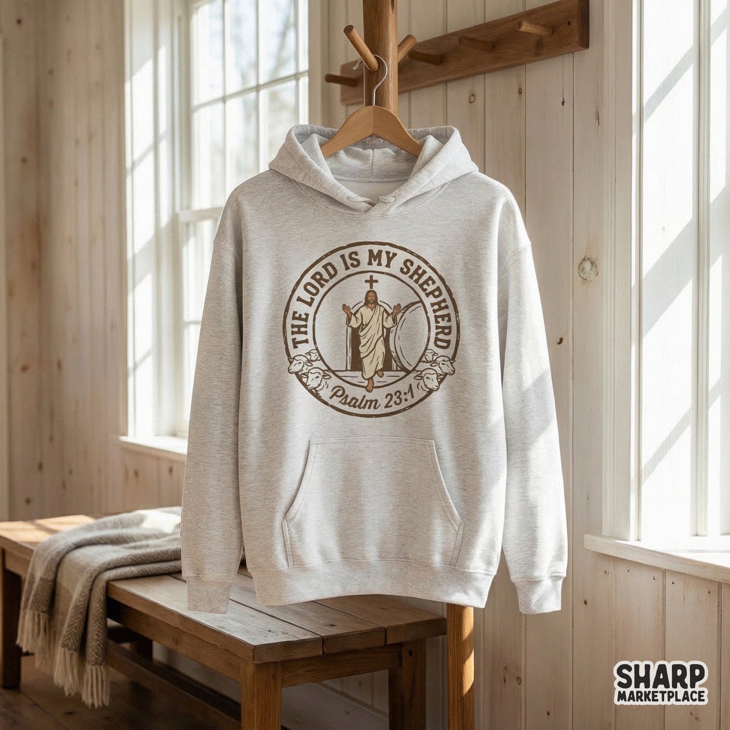 Detailed hand-drawn Christian illustration with a cross and sheep, ideal for creating inspirational stickers, wall art, or religious sublimation prints.