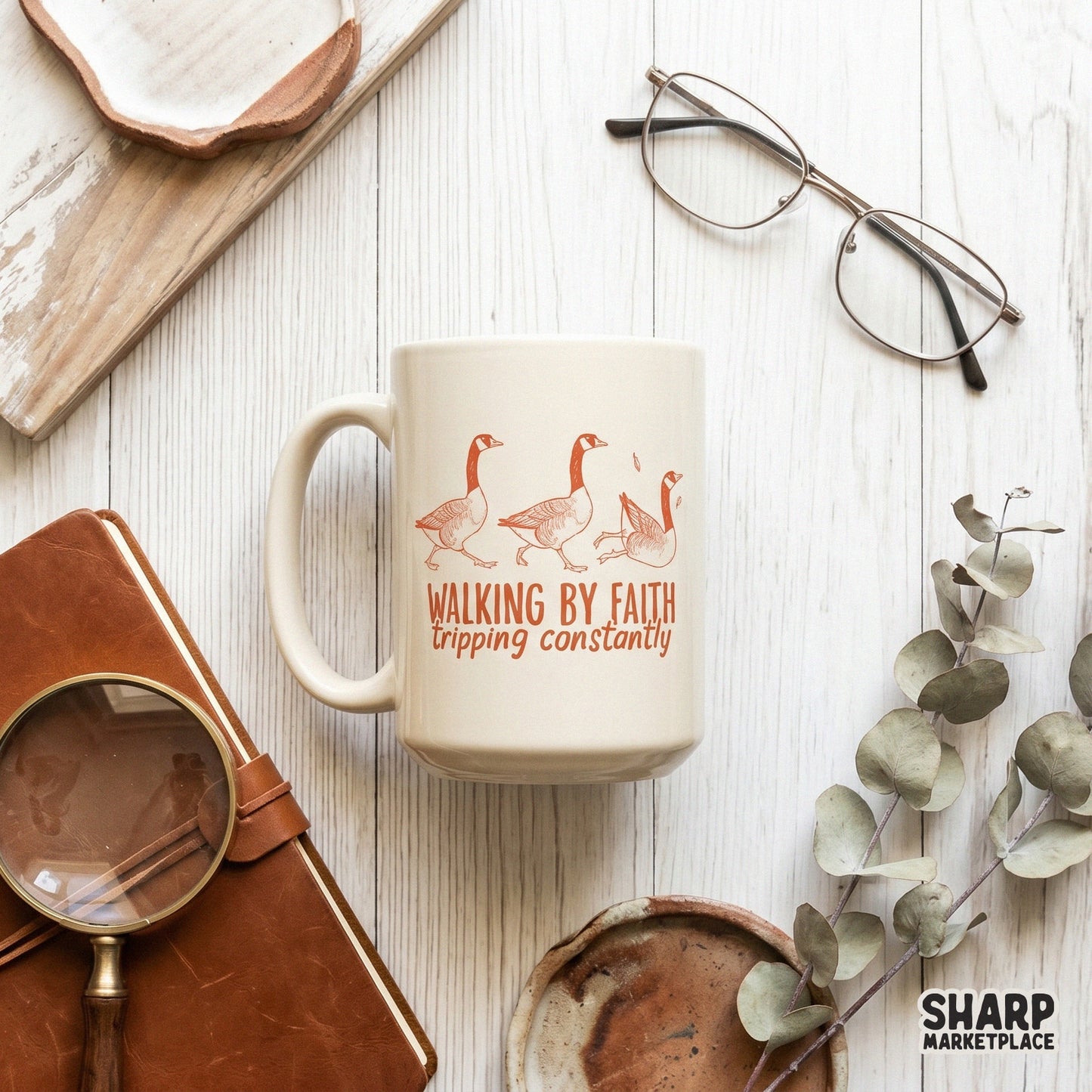 Whimsical goose trio illustration with one goose mid-tumble, featuring the text Walking By Faith Tripping Constantly for faith-based apparel.