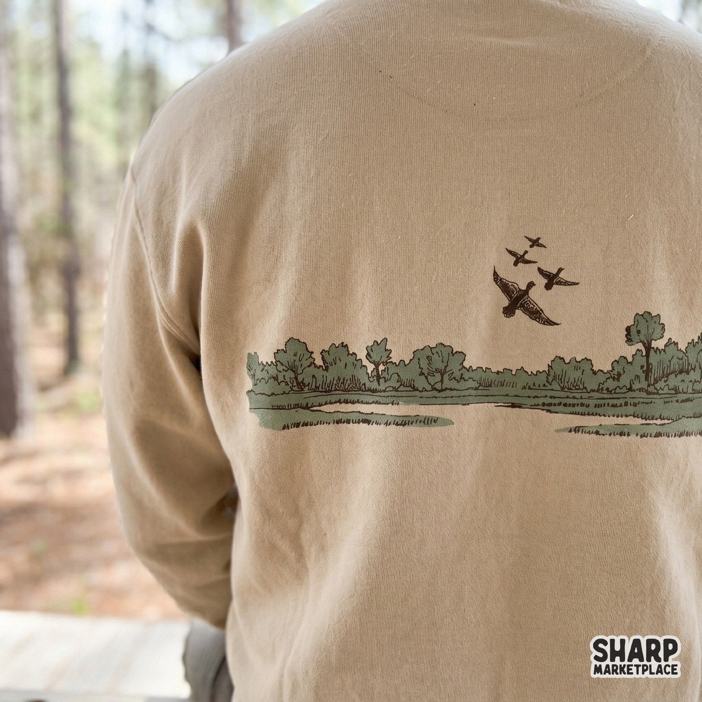 Retro illustration of a flock of ducks flying over a marsh landscape, perfect for Father's Day sublimation shirts
