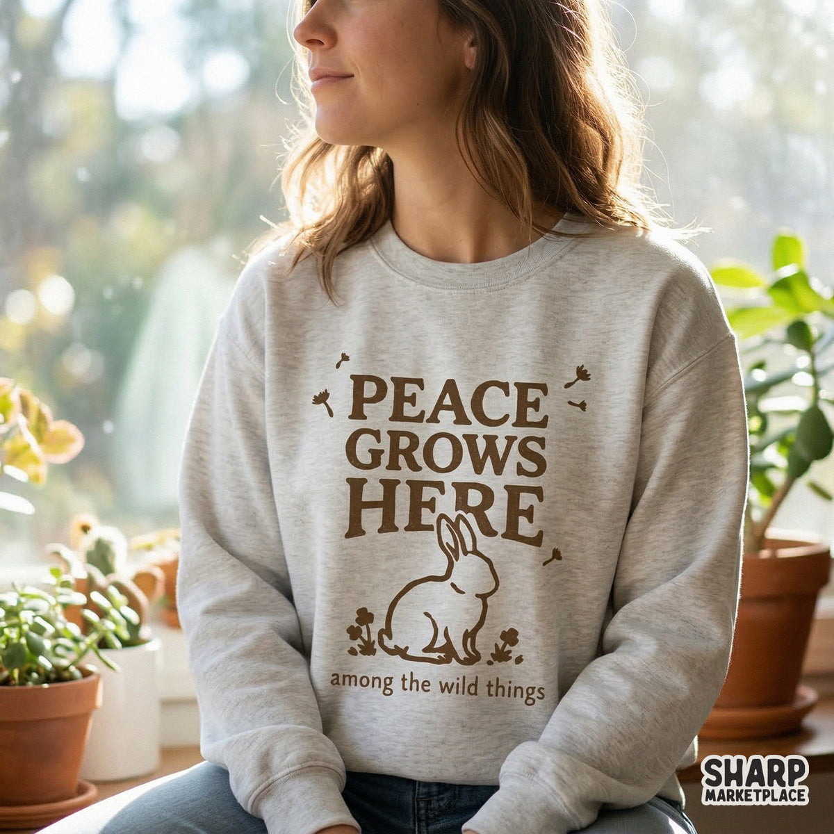 Monochromatic brown illustration of a rabbit and wildflowers with vintage serif typography, ideal for DIY printing on shirts, tumblers, or wall art.