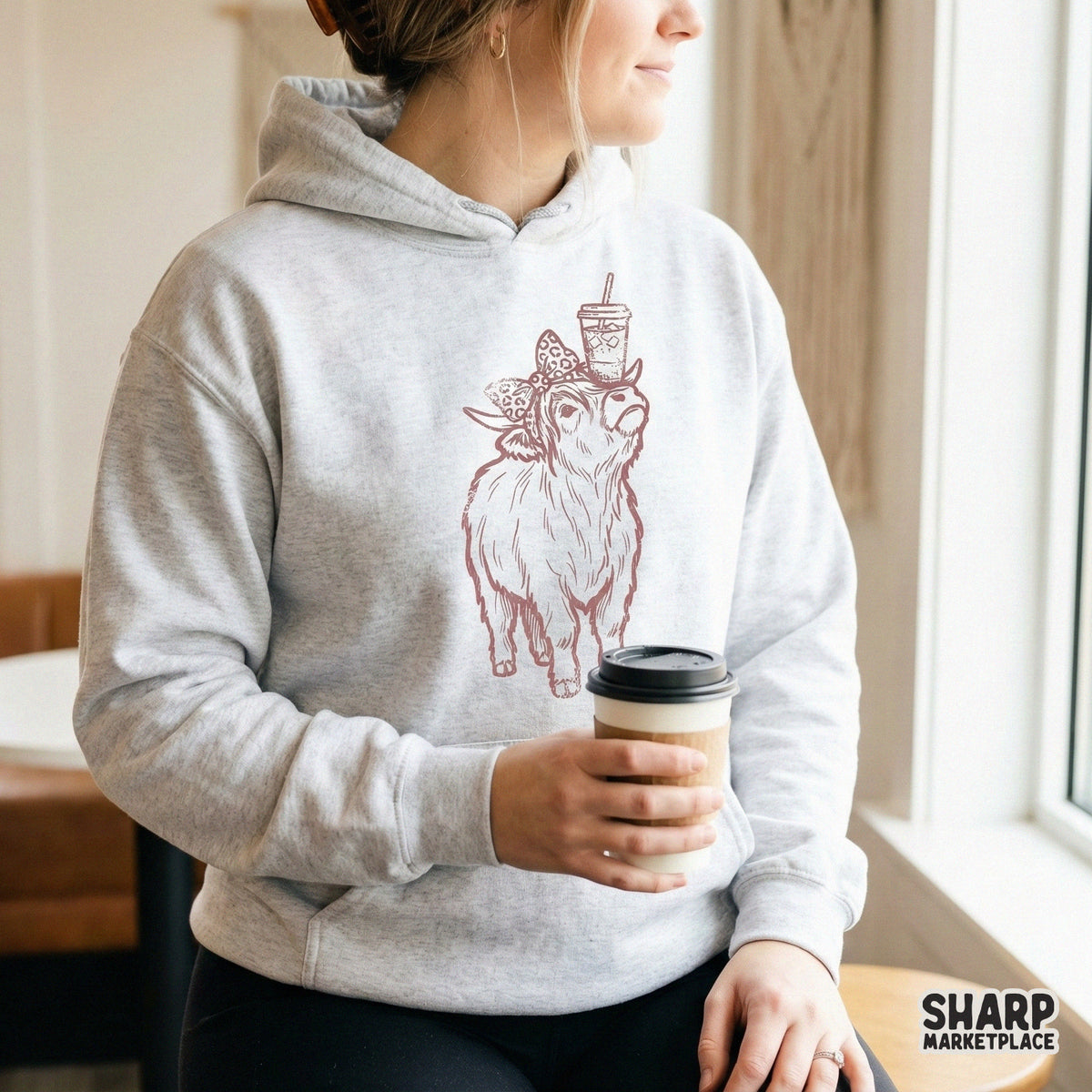 Hand-drawn Highland cow digital download with a leopard bow and iced coffee, ideal for creating trendy country-themed stickers and printable art.