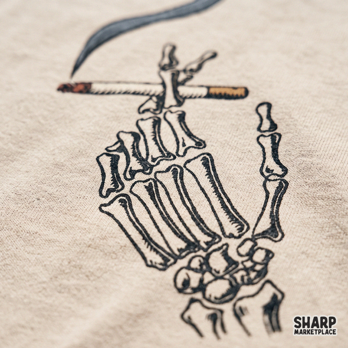Gothic skeleton hand holding a cigarette PNG design for edgy Halloween apparel and spooky season t-shirts