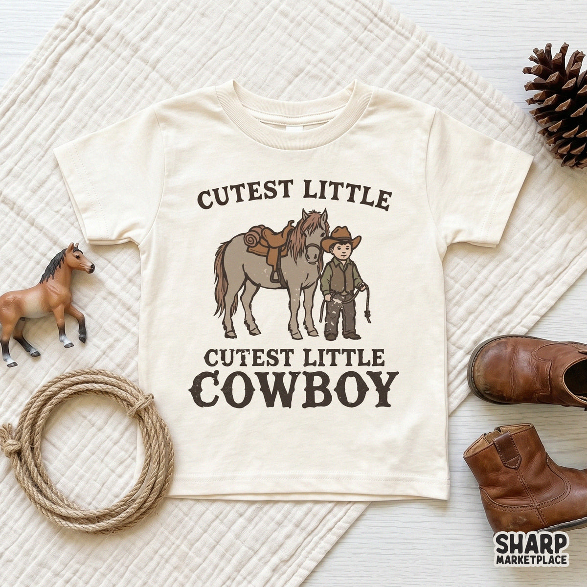 Western-themed digital graphic for DIY projects, featuring a cute ranch kid and horse illustration with rustic, muted earth tones and vintage typography.