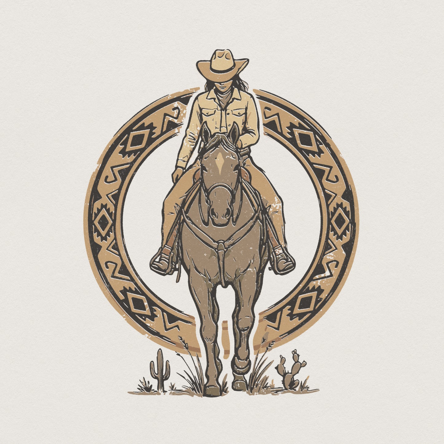 Vintage western cowgirl on horseback illustration with a native-inspired circular border and desert cactus for sublimation or t-shirt printing.