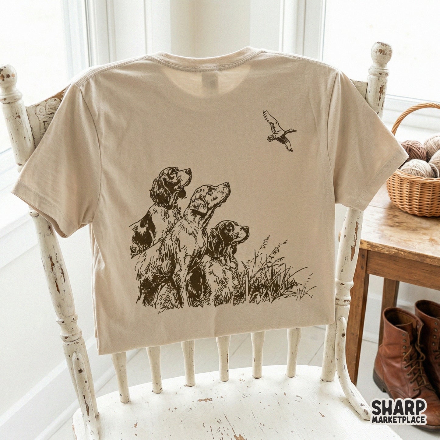 Classic sporting art design featuring three hunting dogs in a field, suitable for custom t-shirts, tumblers, and rustic outdoor themed DIY projects.