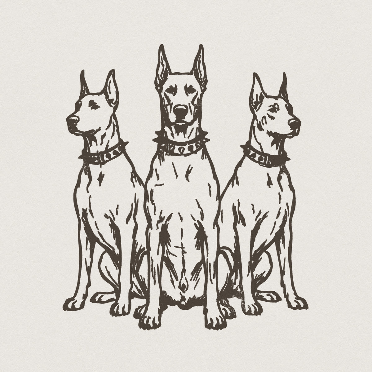 Detailed hand-drawn illustration of three Doberman dogs with spiked collars, perfect for custom t-shirt sublimation or pet lover wall art.