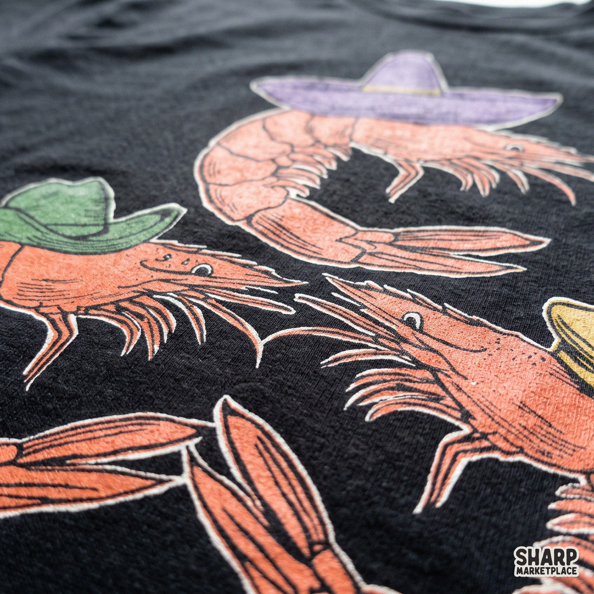 Three Funny Shrimps Wearing Silly Hats Graphic Tee, Quirky