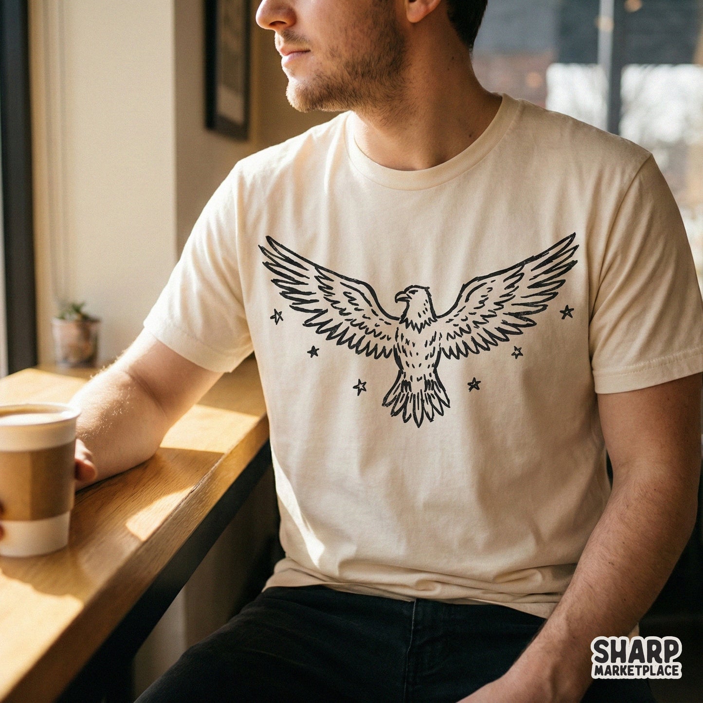 Vintage style eagle clipart with wings fully extended and celestial star details, suitable for DIY craft projects, apparel transfers, and nature themed decor.