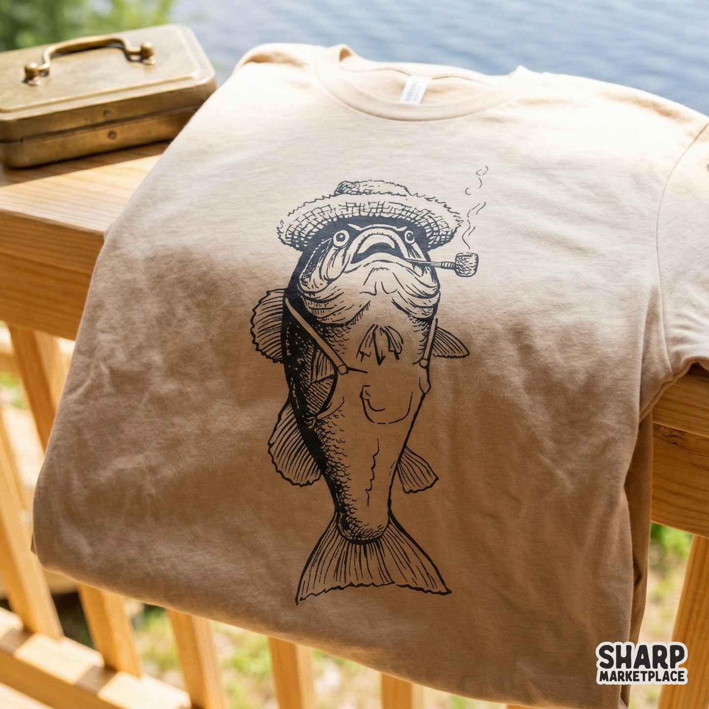 Retro retro funny bass fish wearing overalls and a straw hat sublimation design for Father's Day fishing shirts