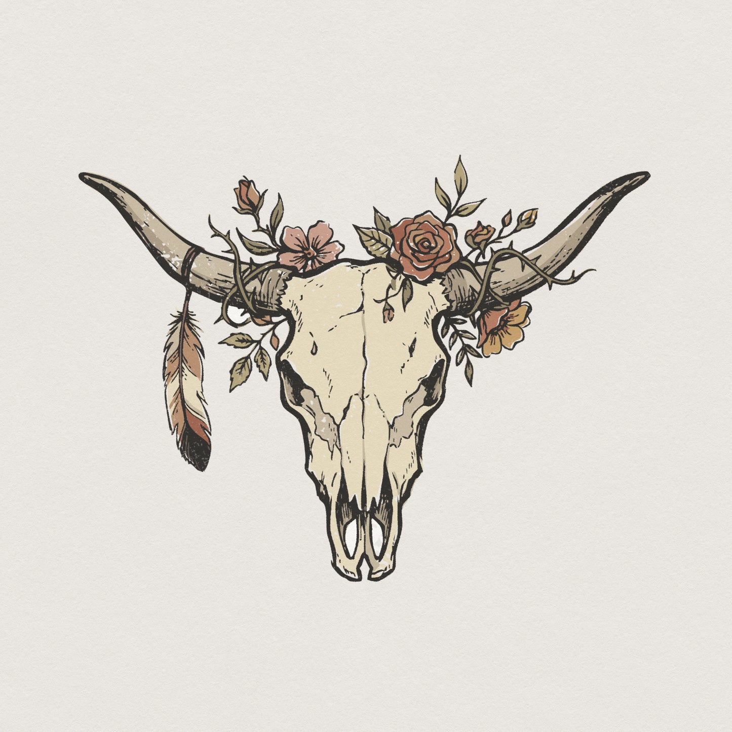 Boho cow skull PNG with floral crown of roses and a hanging feather, perfect for western apparel, sublimation tumblers, and rustic wall art prints.