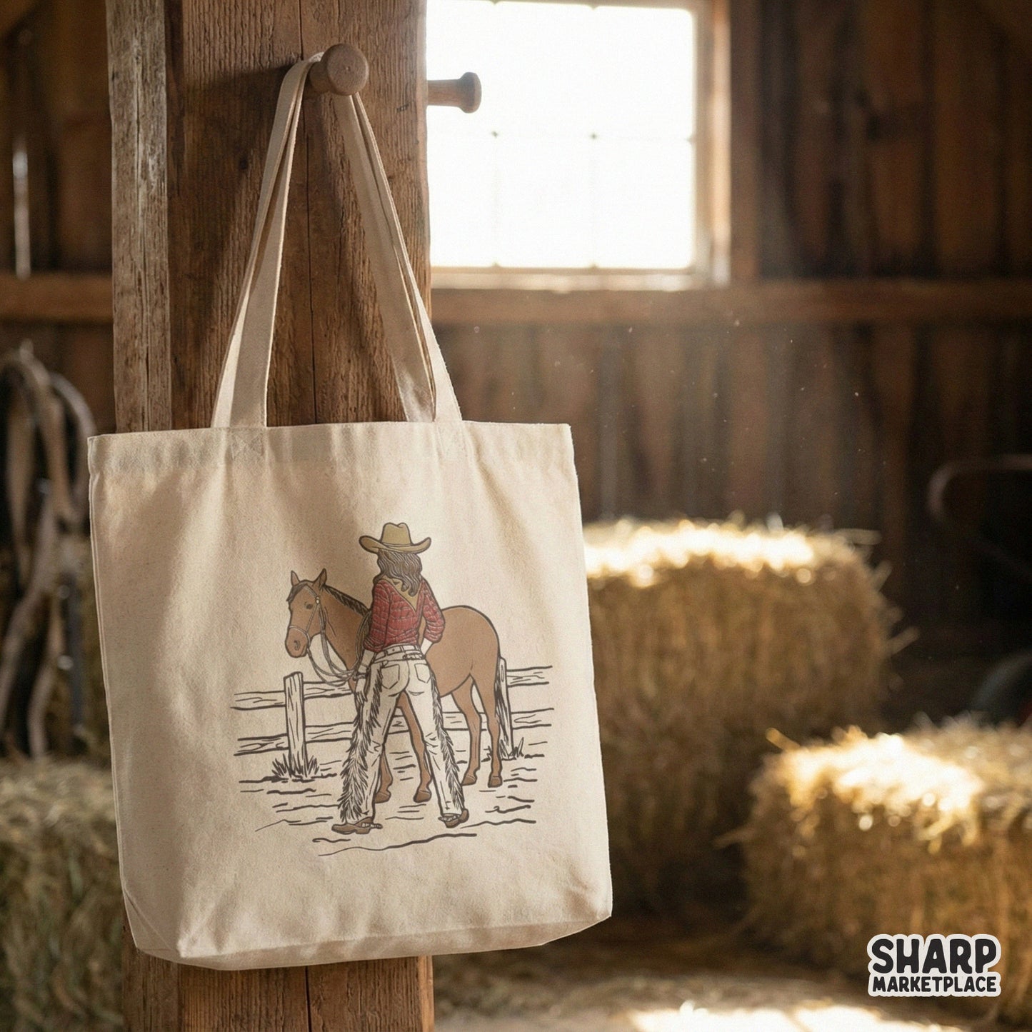 Detailed western ranch graphic showing a woman in a cowboy hat with her horse, ideal for creating custom stickers, tumblers, and rustic wall art prints.