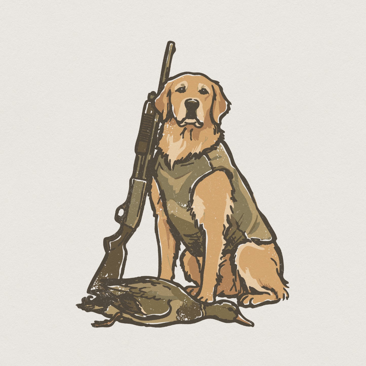 Hand-drawn illustration of a golden retriever wearing a hunting vest, sitting next to a shotgun and a duck, perfect for hunting apparel and sublimation.