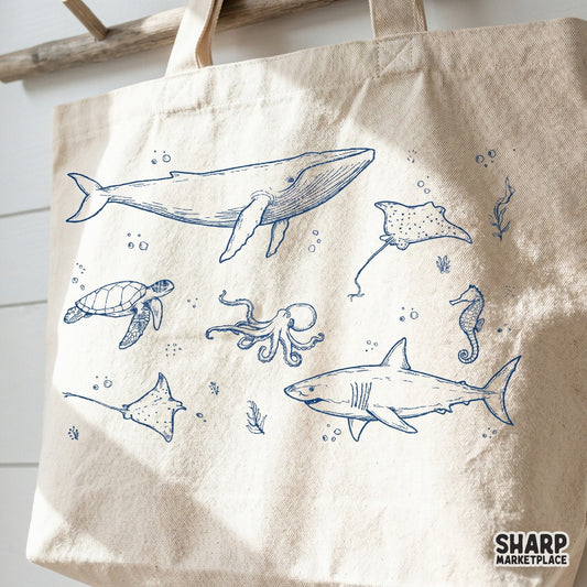 Vintage ocean life sea creatures collage PNG for aesthetic marine biology shirts and trendy summer beach apparel designs