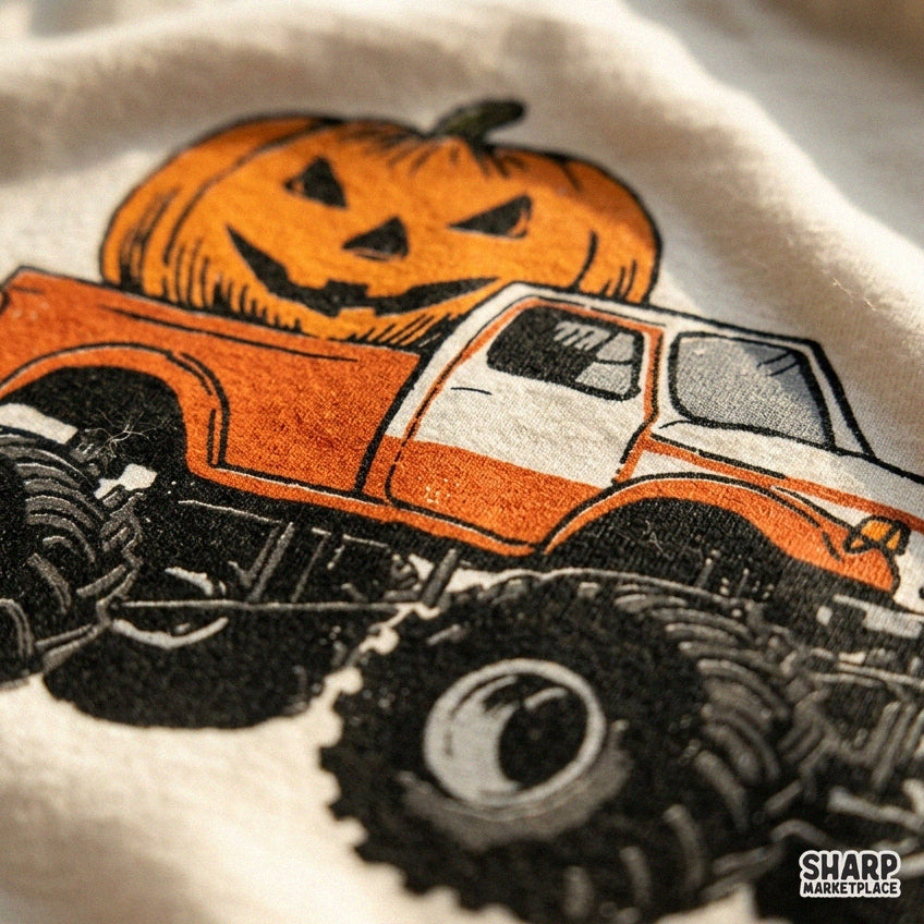 Retro monster truck with a jack o lantern pumpkin for boys Halloween shirt design PNG