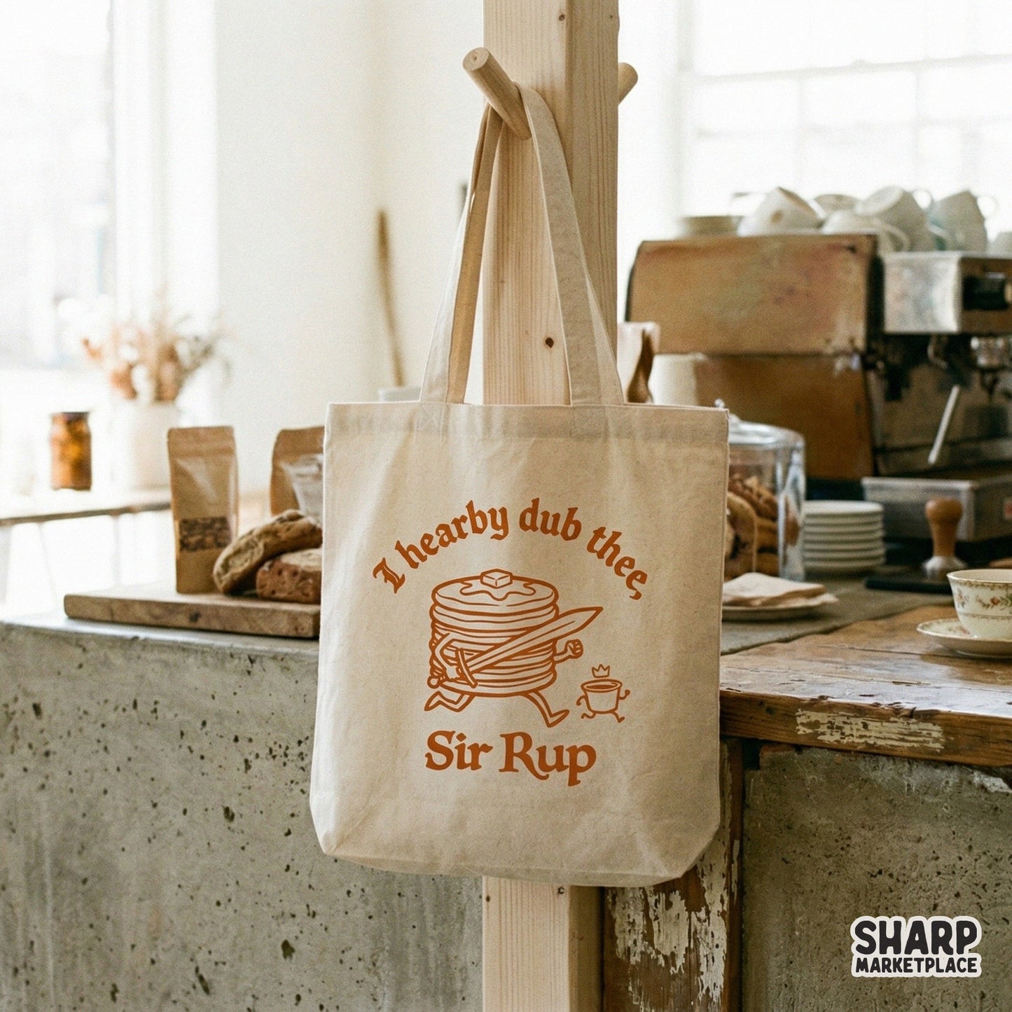 Funny pancake knight graphic in a retro style, perfect for sublimation, stickers, or custom apparel, featuring the quote I hearby dub thee, Sir Rup.