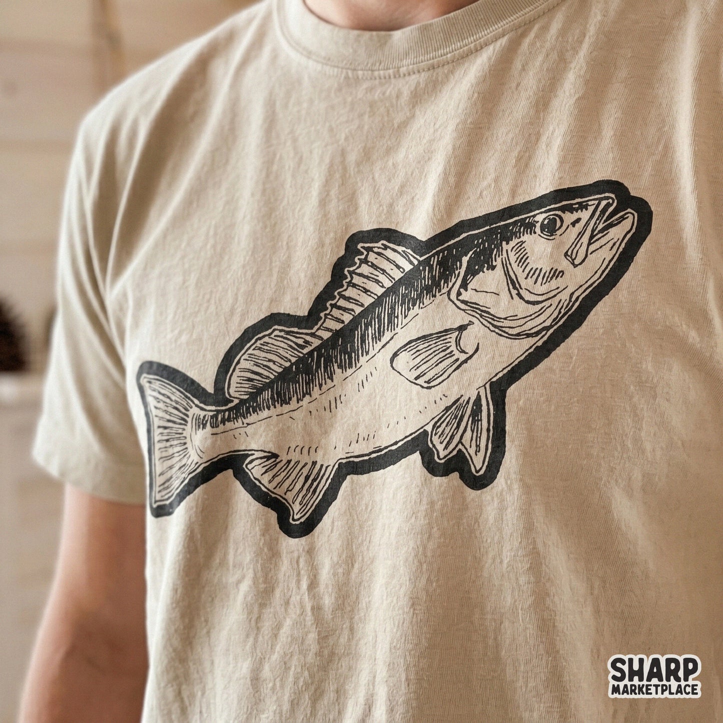 Vintage hand drawn bass fish graphic in retro style for trendy summer lake life sublimation shirts
