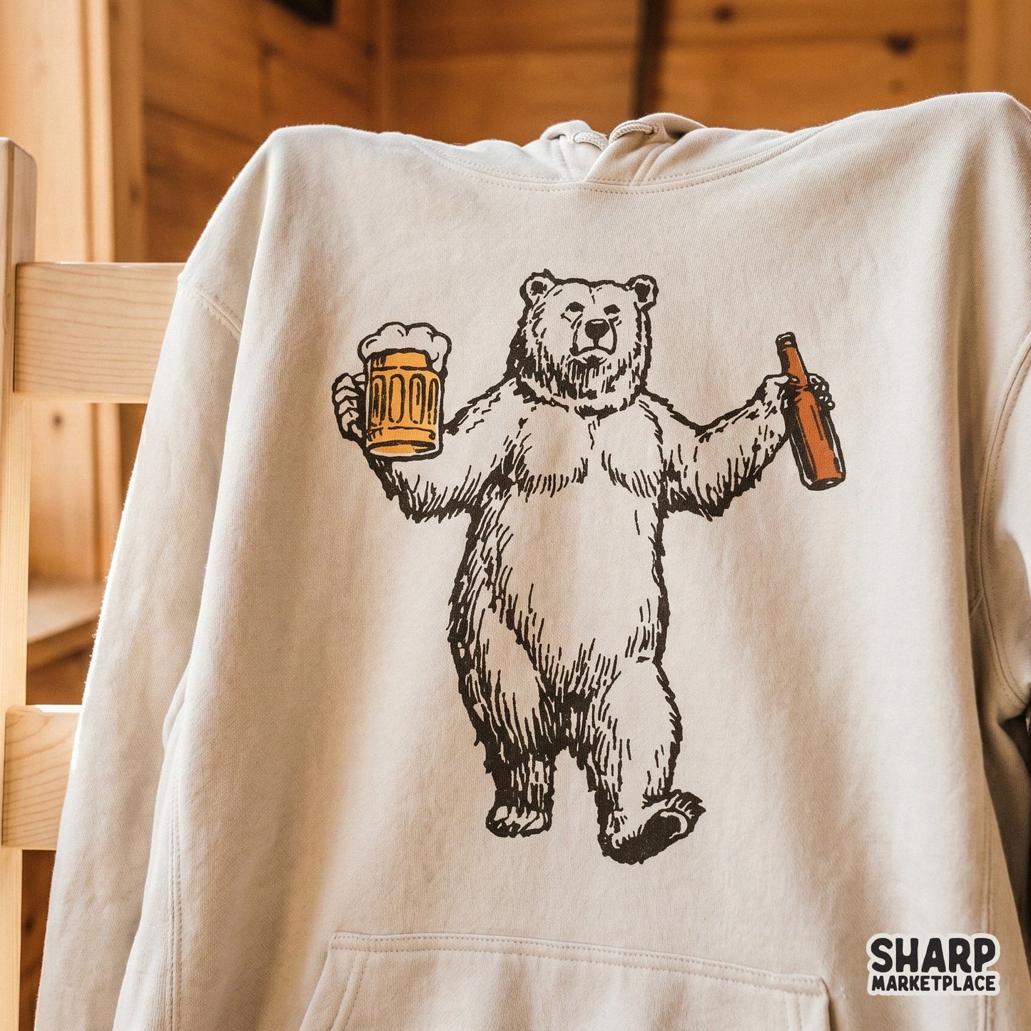 Humorous dancing bear digital art in a vintage woodcut style, featuring a beer mug and bottle for use on custom apparel, tumblers, and party decor.